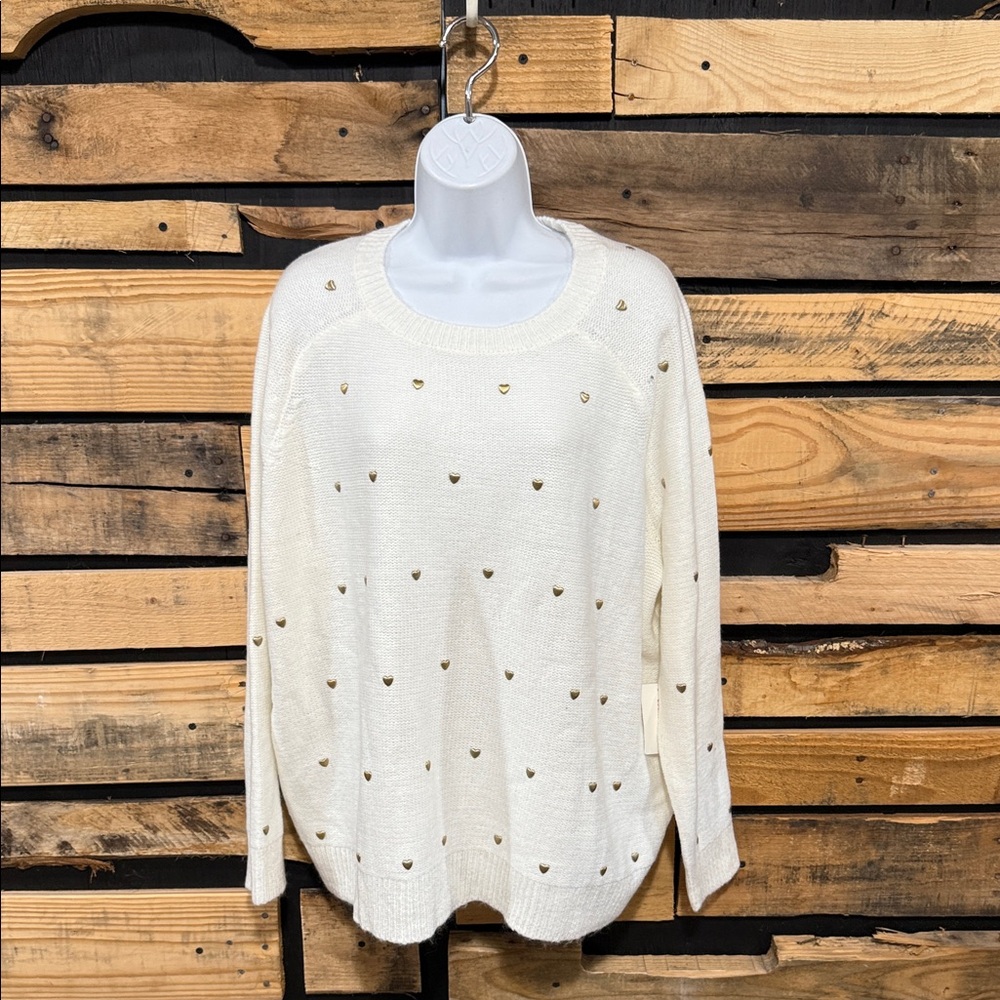 Lucky Brand Women’s Crewneck White/Gold Heart Stud Crewneck Sweater Size 2X NWT